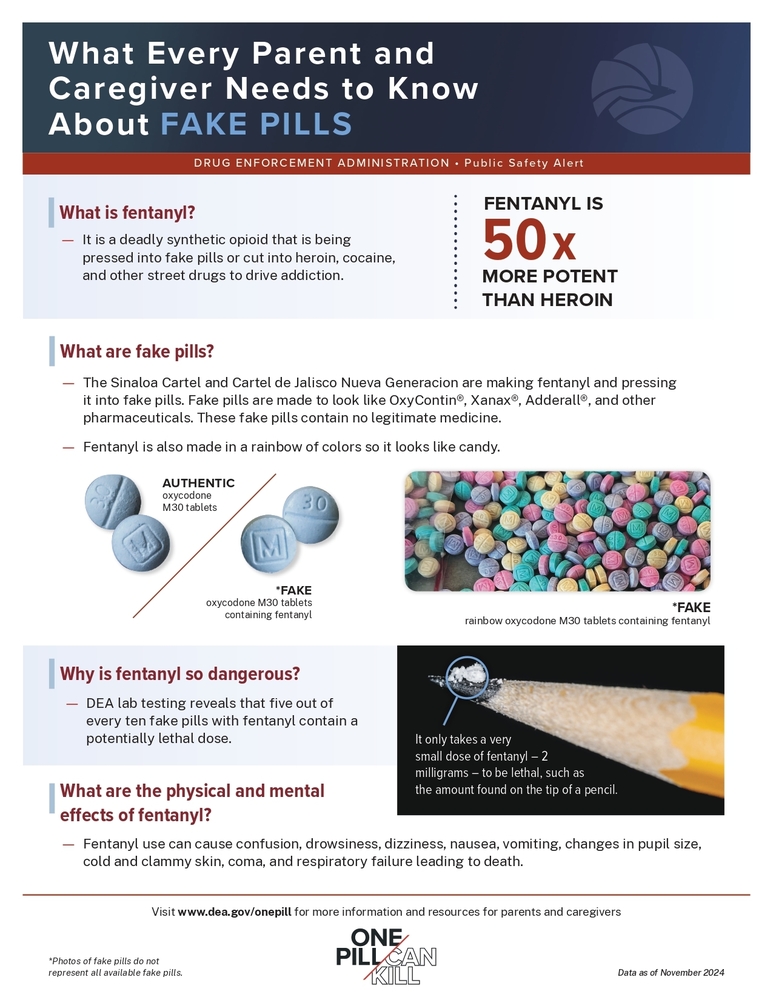 flyer for parents showing fake pills
