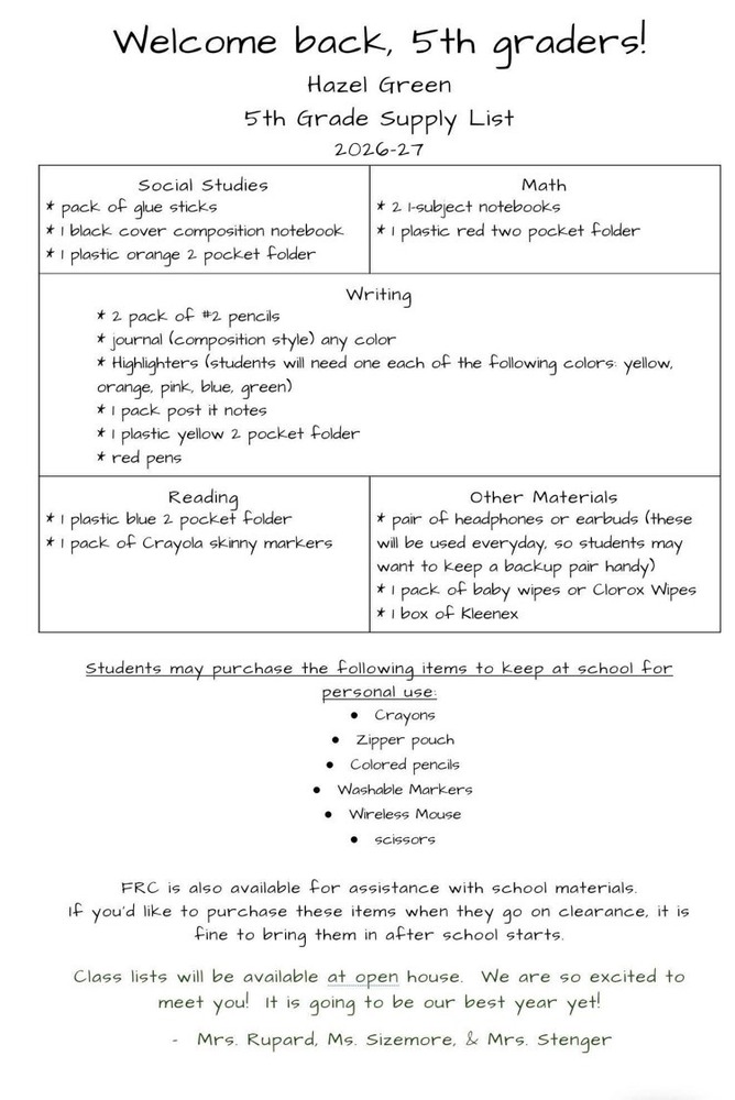 5th Grade Supply List