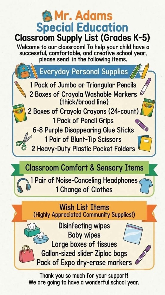 supply List for Mr. Adams’s class