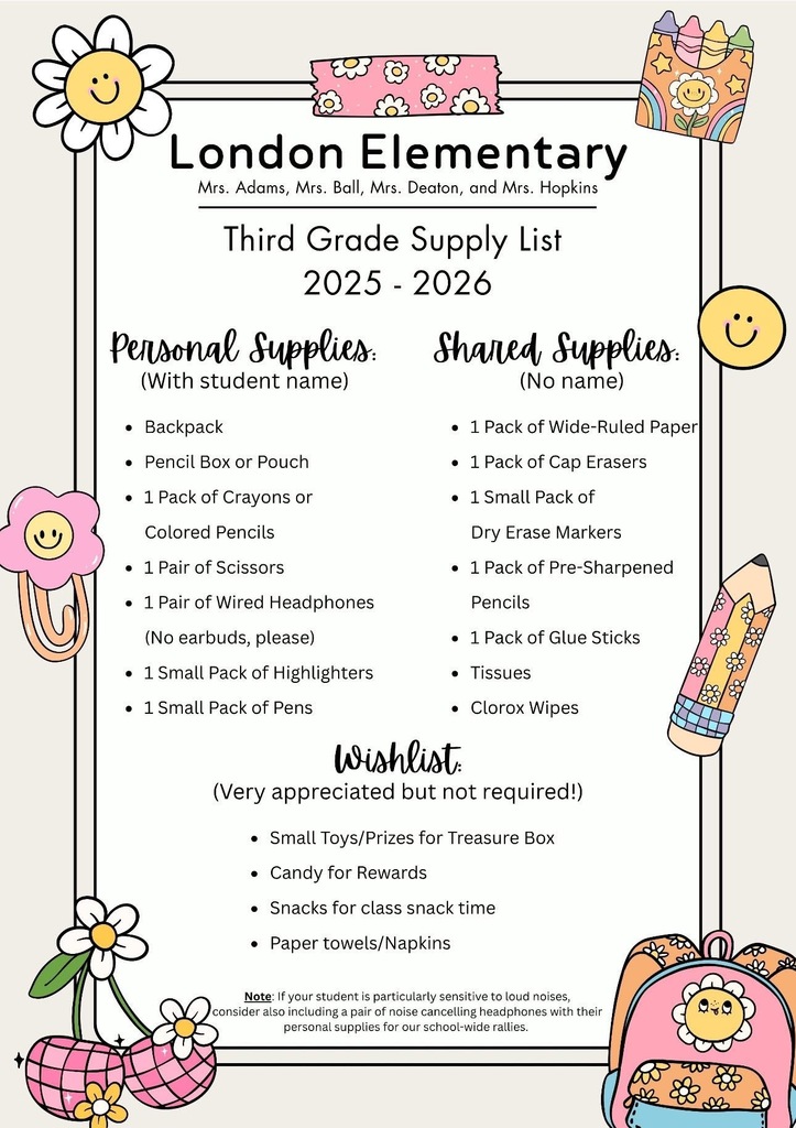 School Supplies List 2025-2026 School Year