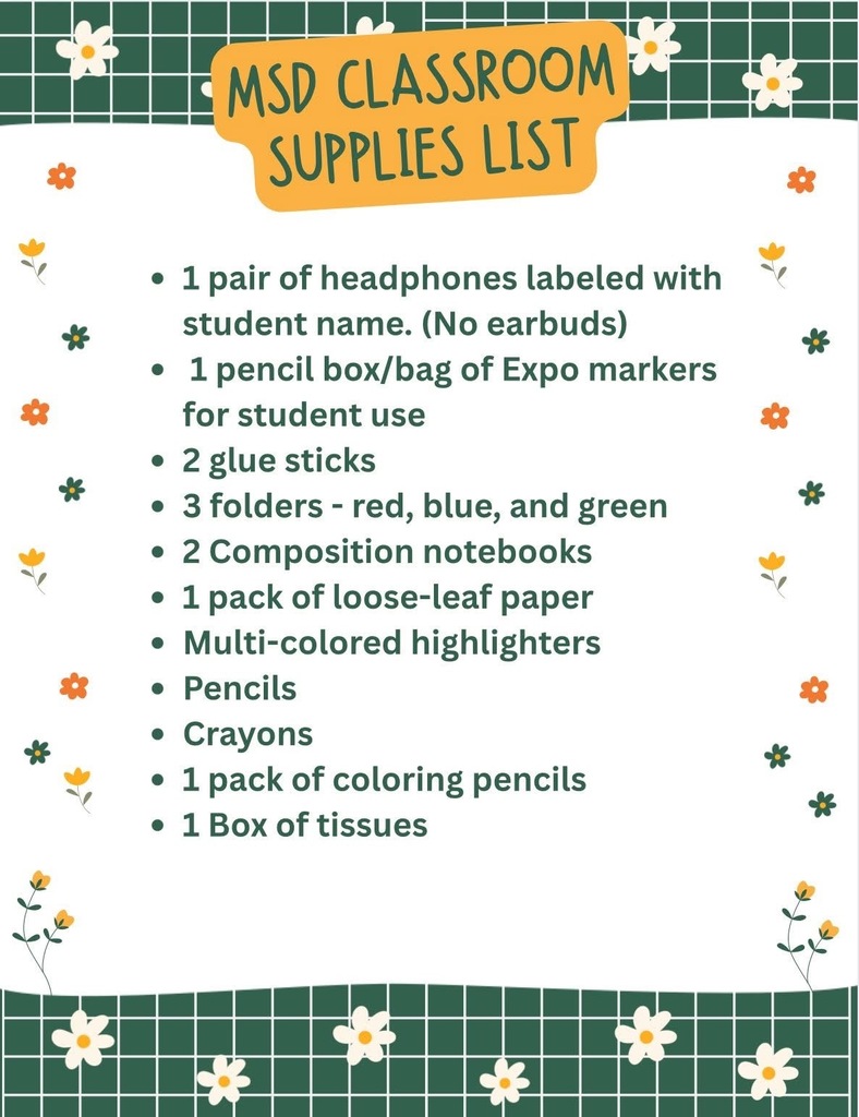 School Supplies List 2025-2026 School Year