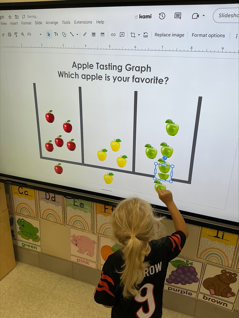 Student selecting their favorite apple on smart board, student is choosing a green apple