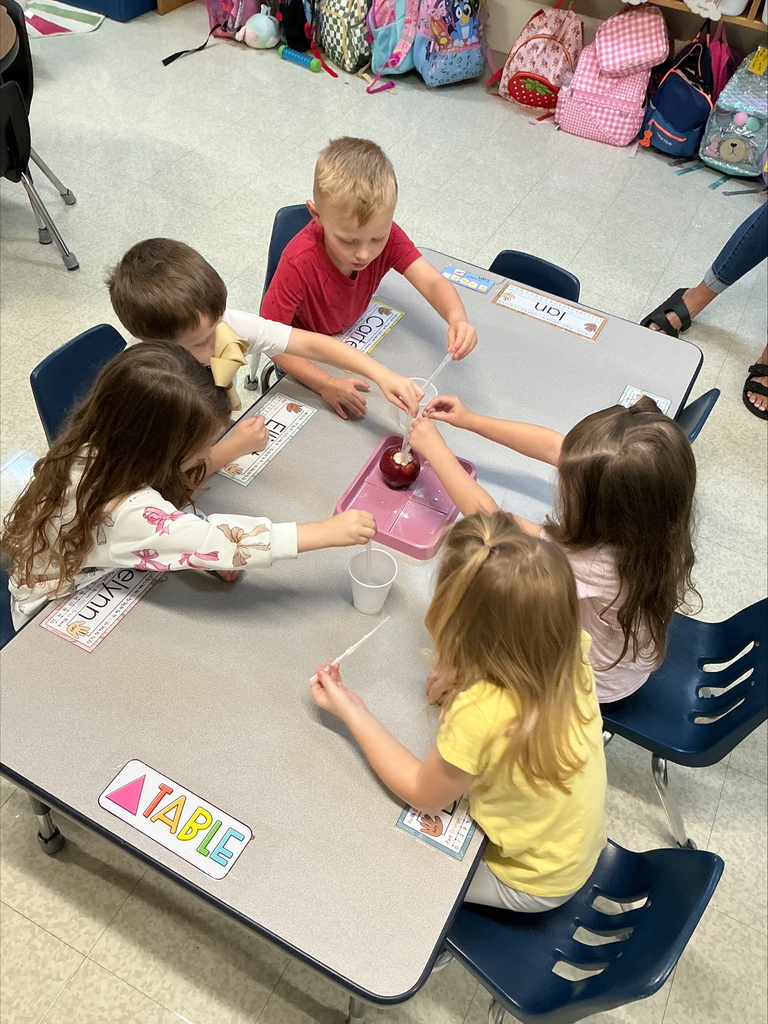 Students working in a group making apple volcanoes