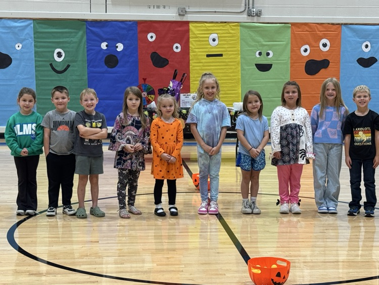 Smiling elementary school students stand in one line in the gym for their picture