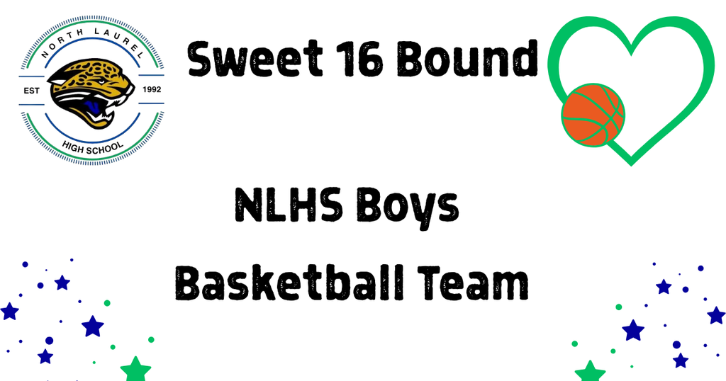 Sweet 16 Bound NLHS Boys Basketball Team with NLHS Logo and blue and greed decorations