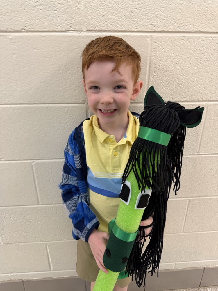 A boy in a blue shirt holds his family crafted green pool noodle stick horse with black mane  