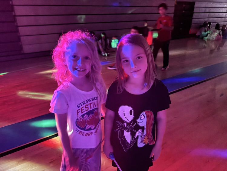 Two girls stand shoulder to shoulder, smiling for a picture in the school gym, which is darkened for the school dance. 