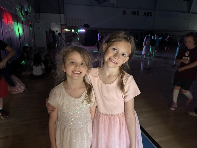 Two girls stand shoulder to shoulder, smiling for a picture in the school gym, which is darkened for the school dance. 
