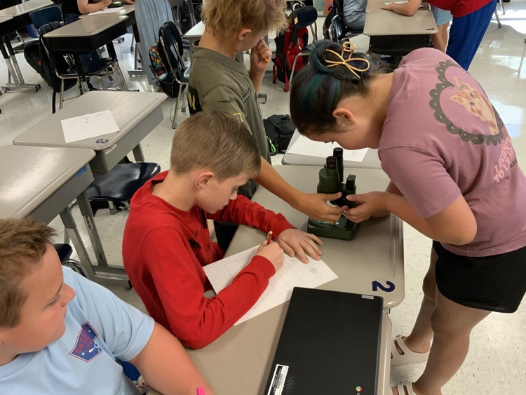 Students gather around a microscope sitting on a classroom desk. They are taking notes about their observations.