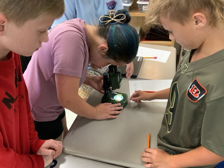 Students gather around a microscope sitting on a classroom desk. One student in a purple shirt looks into the microscope  