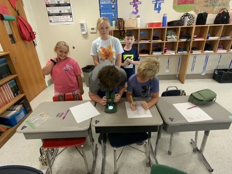 Students gather around a microscope sitting on a classroom desk. They are taking notes about their observations while one boy looks into the microscope  