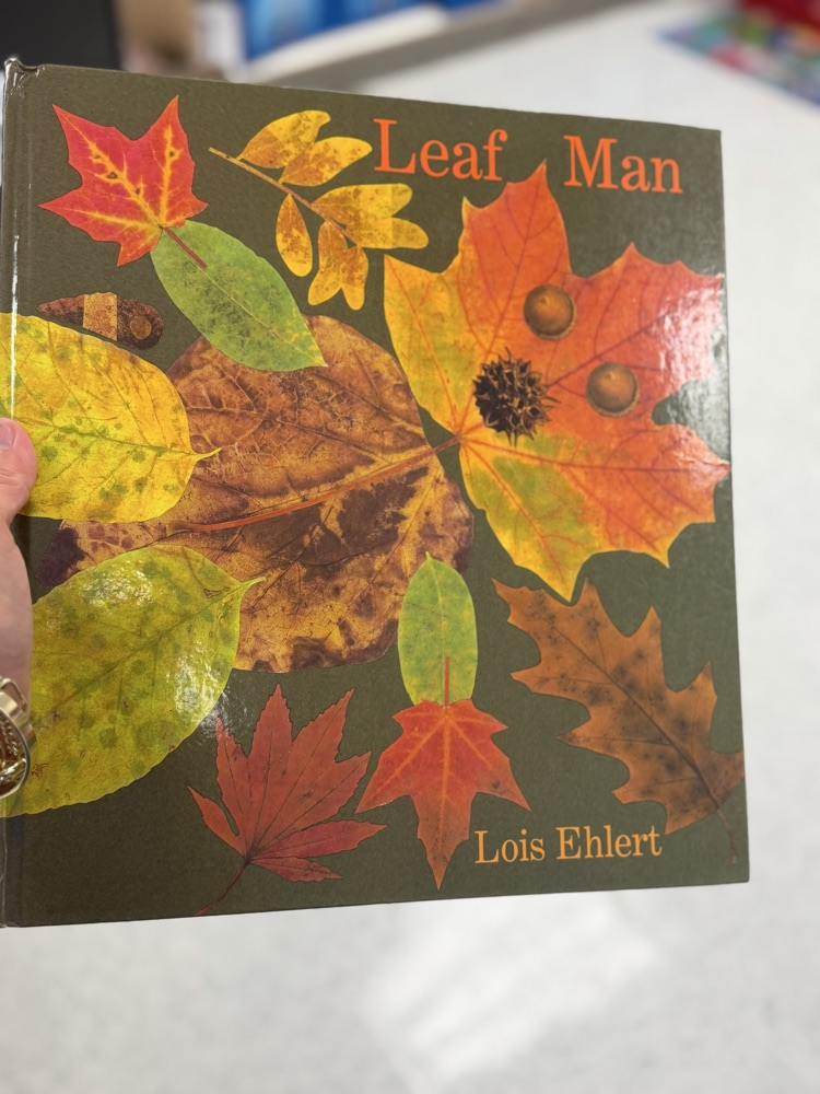 The cover of the book Leaf Man is shown. On it, leaves and acorns are arranged in the shape of a person.