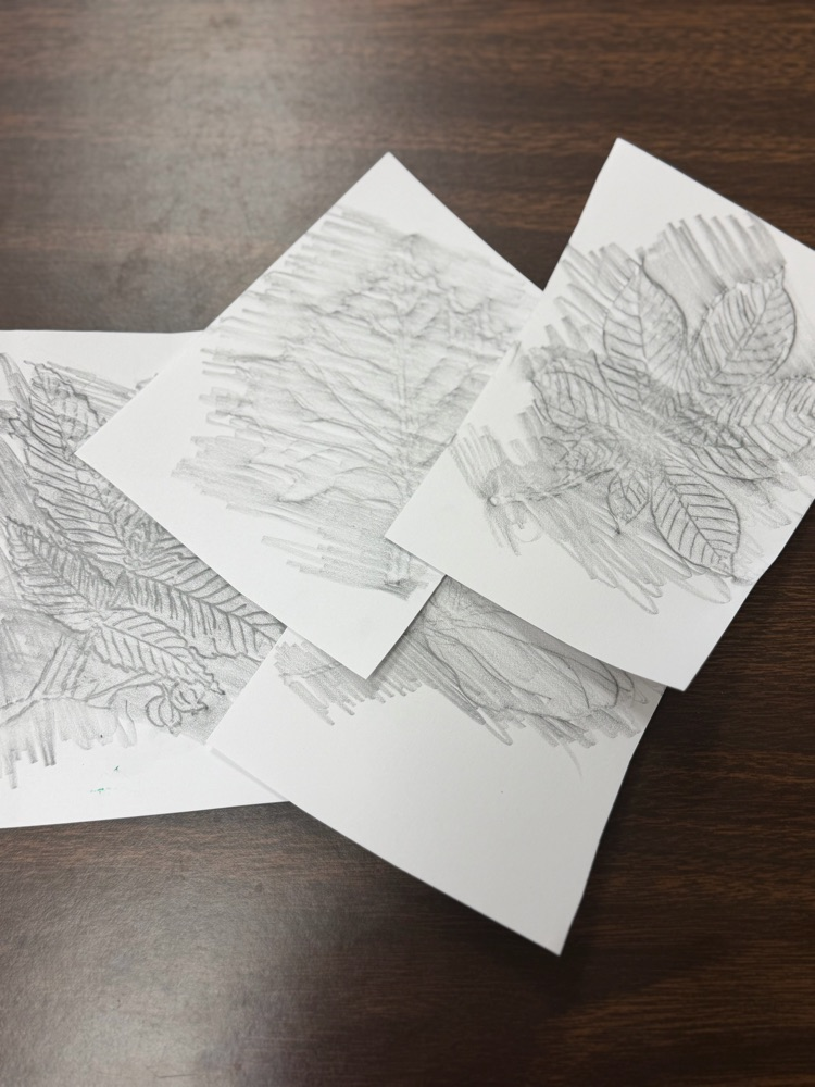 four student work samples of leaf rubbings are shown scattered across a tabletop.