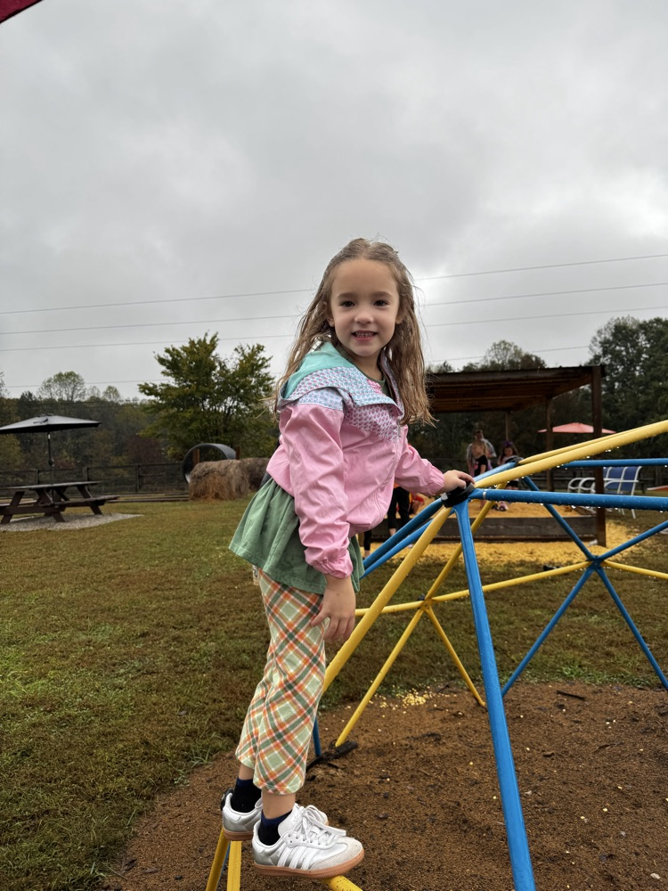 A girl in plaid pants and a pink and green jacket, climbs monkey bars.