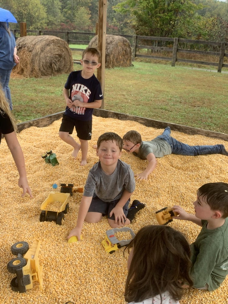 five children play with toy trucks in a corn box.