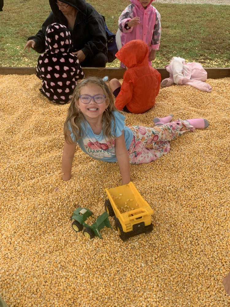 A young girl in a blue shirt smiles for the camera while sitting in the corn box. Green and yellow toy trucks sit in front of her.