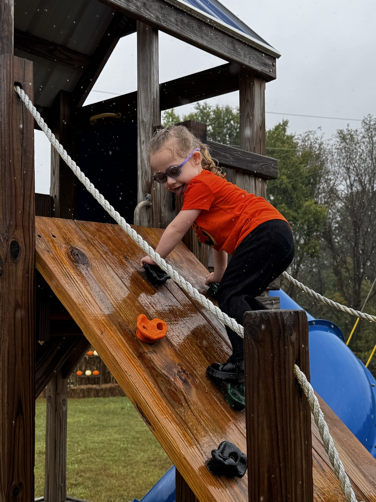 A girl in a red T-shirt and black pants goes up a climbing wall.