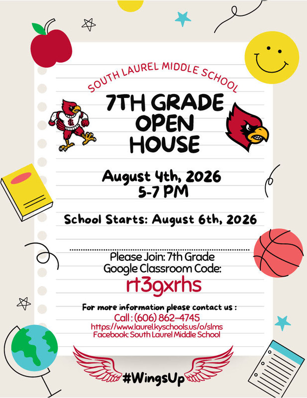 7th grade open house flyer containing images of apple, cardinal head, smiley face, notebook, basketball and globe