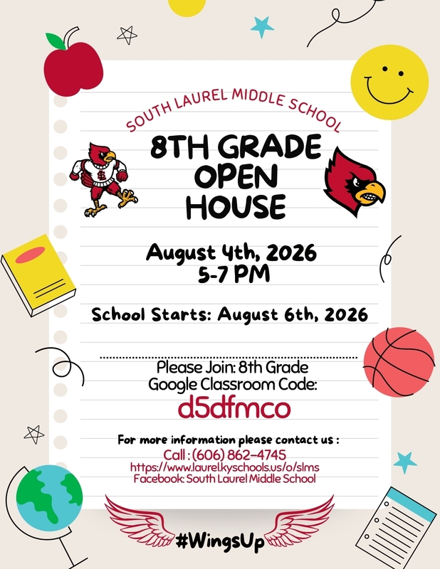 8th grade open house flyer containing images of apple, cardinal head, smiley face, notebook, basketball and globe
