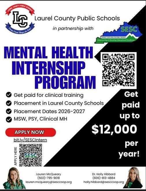 Flyer promoting the Mental Health Internship with QR codes