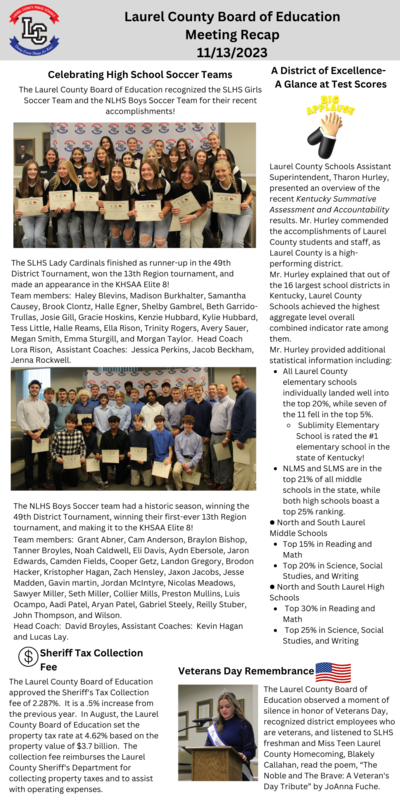 Laurel County Board of Education 11-13-2023 Recap
