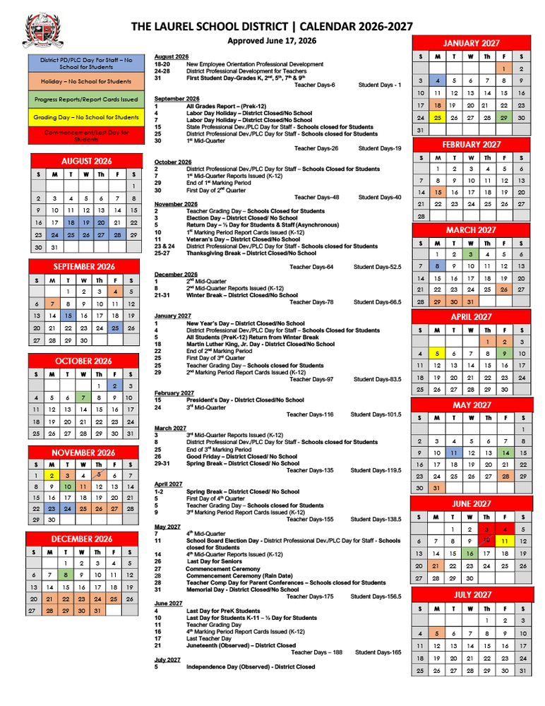 The 2026-27 school distict calendar