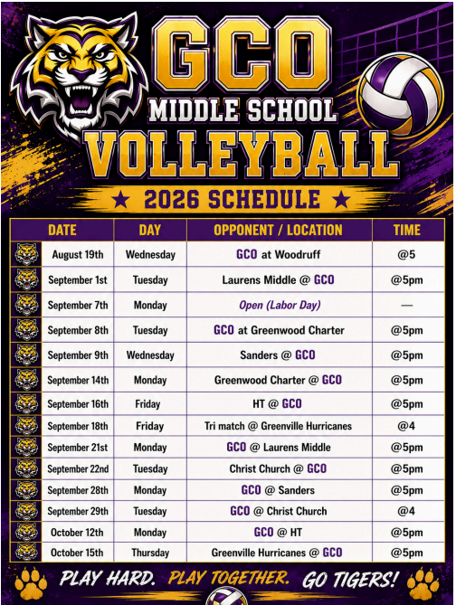 GCO Middle School Volleyball 2026 Schedule