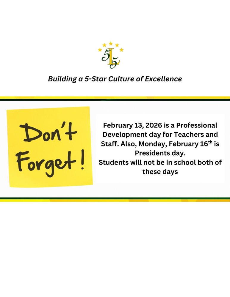 Students will be out of school Friday February 13, through Monday February 16th. They will return Tuesday the 17th