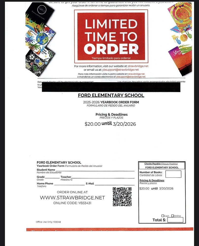 Yearbook pre-sales are underway.  The cost is $20.00.  To order a yearbook online, please scan the QR code provided or visit www.strawbridge.net and enter code YB33431.