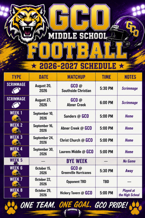 GCO Middle School Football 2026 Schedule