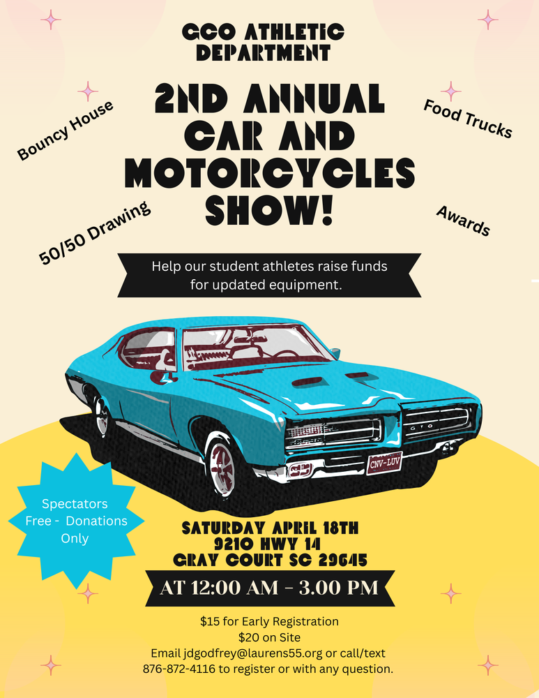 2nd Annual Car & Motorcycles Show-Sat April 18 from 12-3 @GCO