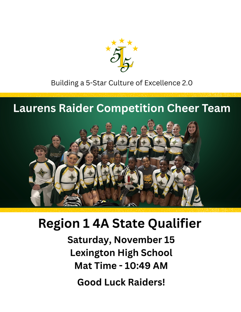 Building a 5-Star Culture of Excellence 2.0. Region 1 4A State Qualifier Saturday, November 15. Lexington High School. Mat Time: 10:49. Good Luck Raiders.