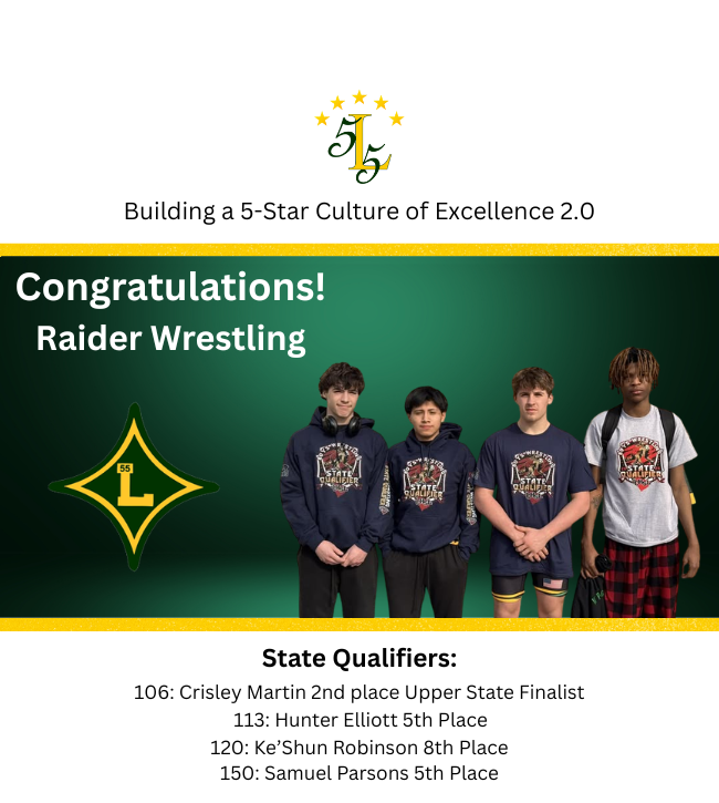 Building a 5-star Culture of Excellence 2.0. Congratulations Raider Wrestling. State Qualifiers 106 Crisley 2nd place State Finalist. 113 Hunter Elliott 5th place. 120 KeShun Robinson 8th place. 150 Samuel Parsons 5th place.