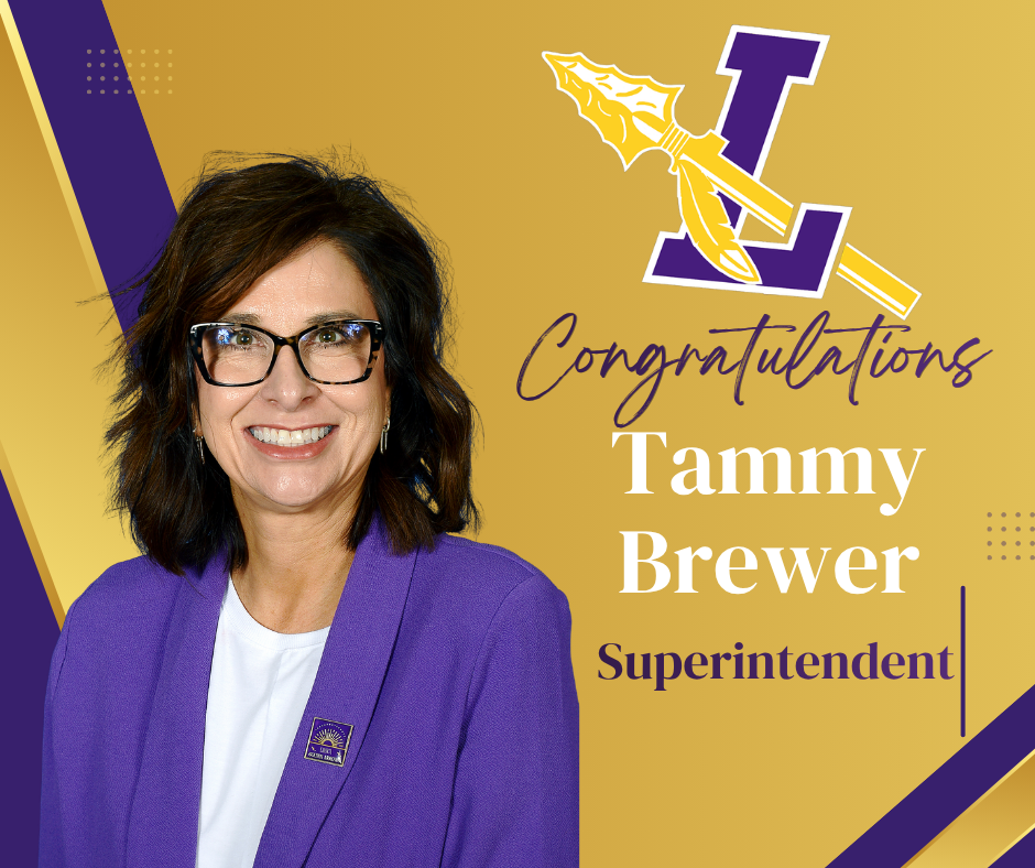 Purple and gold graphic congratulating Tammy Brewer as the Lavaca School District's new superintendent. 