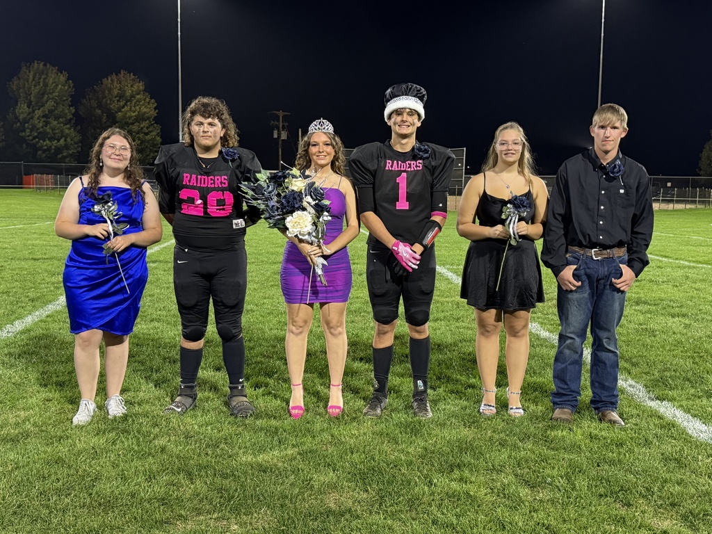 L/N Homecoming King and Queen candidates Natalie Jacobitz, Nathan Pofahl, Harley Beale (queen), Caden Culberston (king), Raylene Miller, and Owen Smiley.