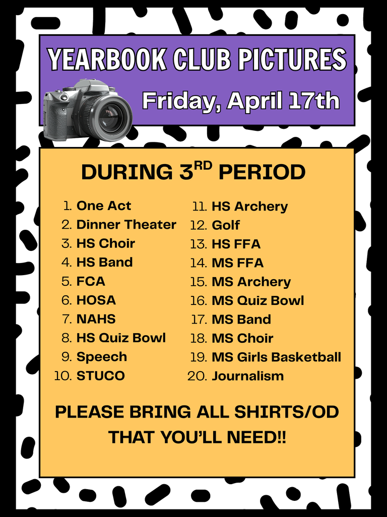 LN schedule for yearbook club pictures on April 17th.