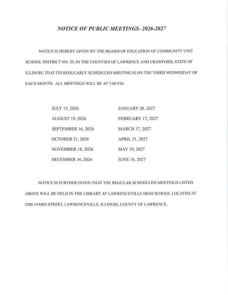 Notice of Public Meetings – 2026–2027 School Year