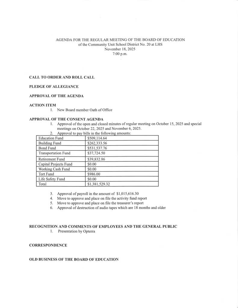 Board of Education will hold its regular monthly meeting on Tuesday, November 18, 2025, at 7:00 p.m.