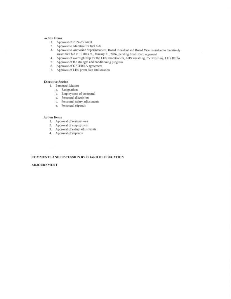 Board of Education Meeting Agenda December 22, 2025