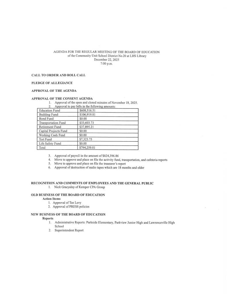 Board of Education Meeting Agenda December 22, 2025