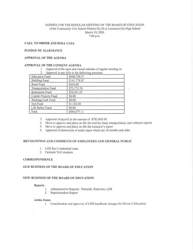 Board Meeting- March 18, 26