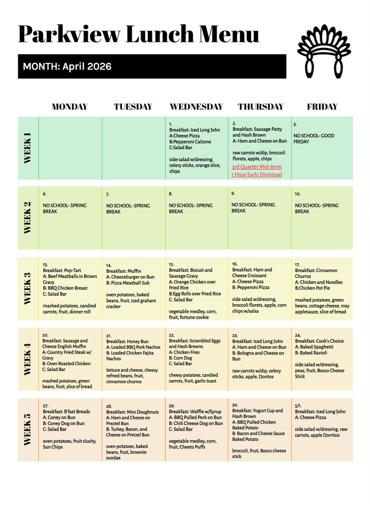 April  Lunch Menu