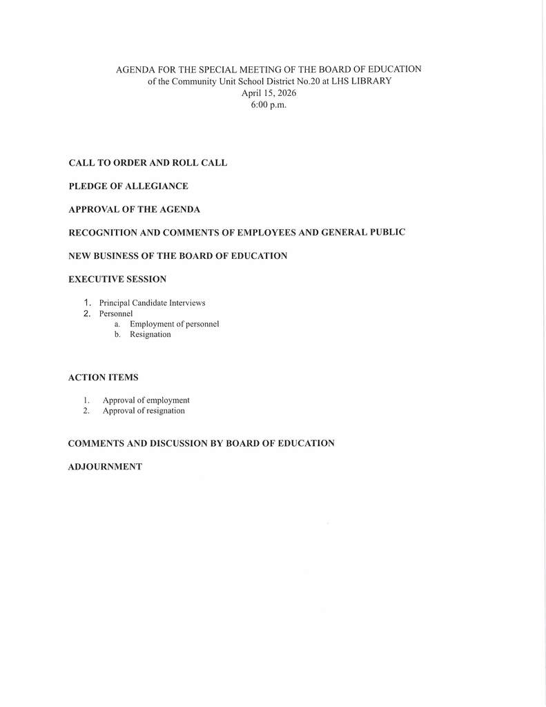 Special Meeting- April 15 ,2026