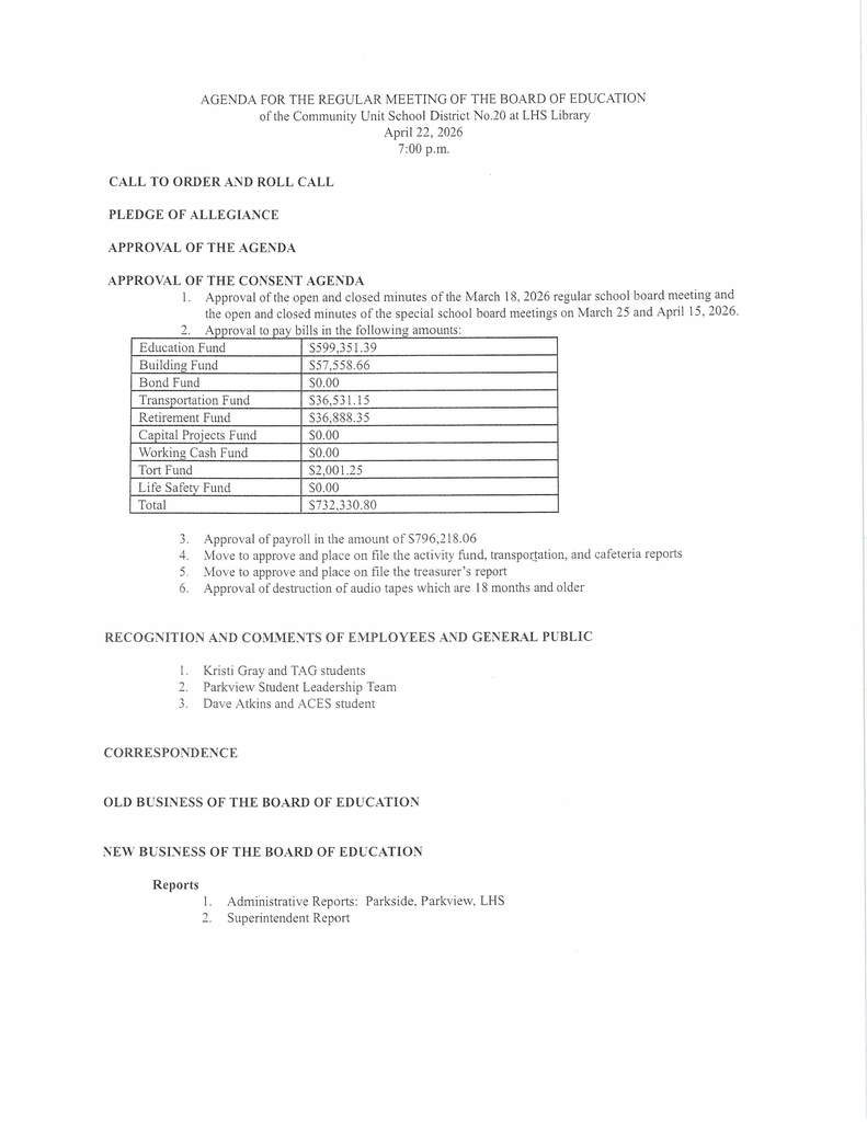 Board Meeting Agenda – April 22, 2026