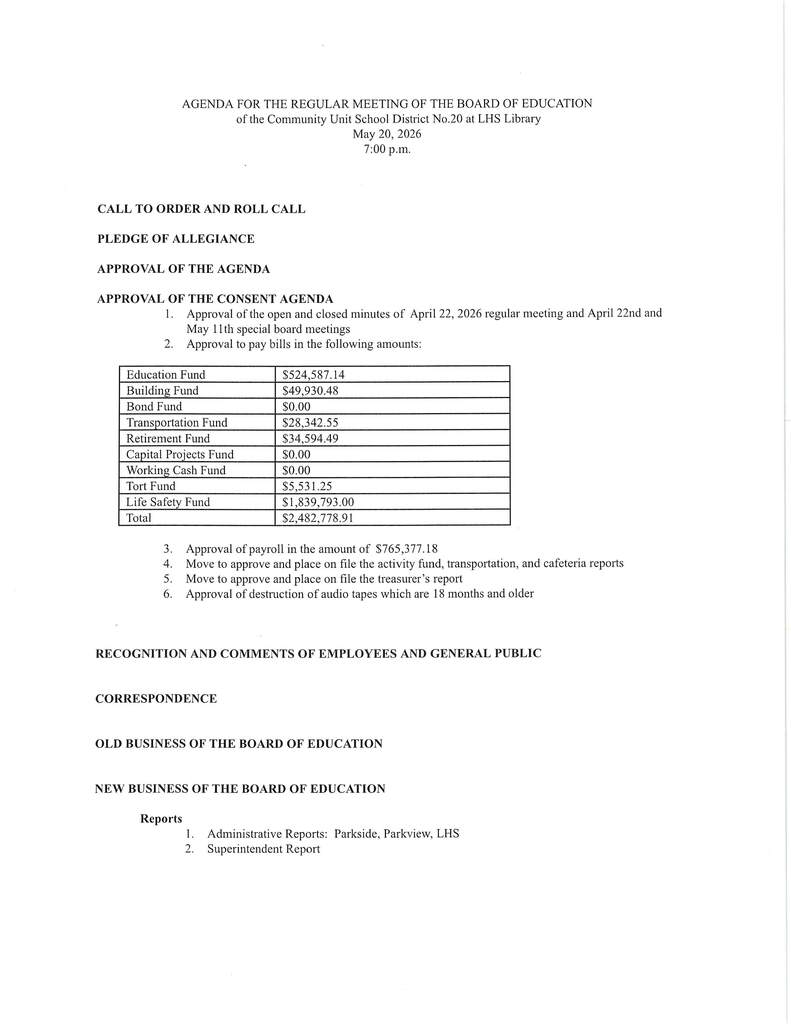 Board Meeting Agenda – May 20, 2026