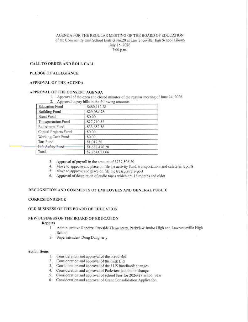Board Meeting Agenda – July 15, 2026