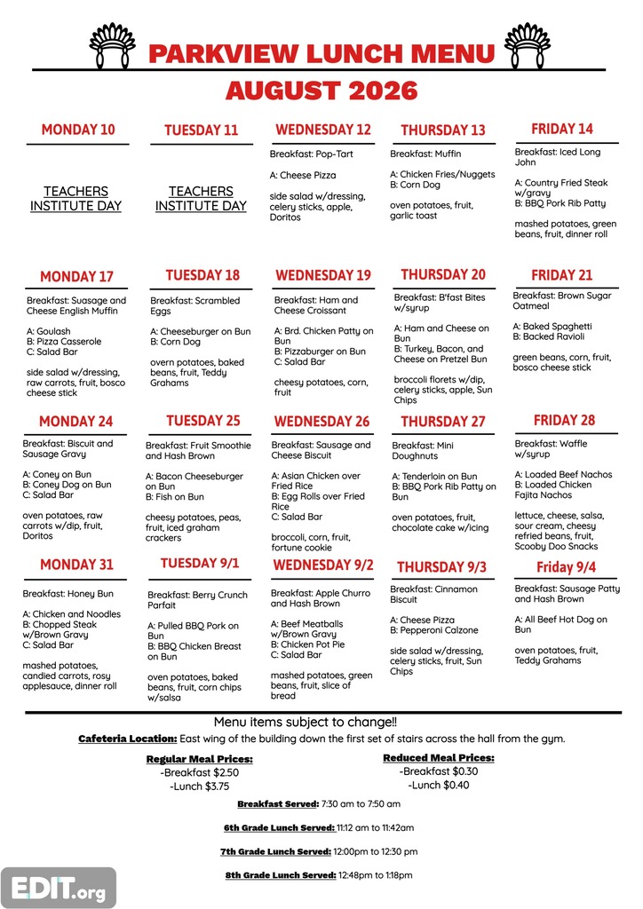 August Lunch Menu
