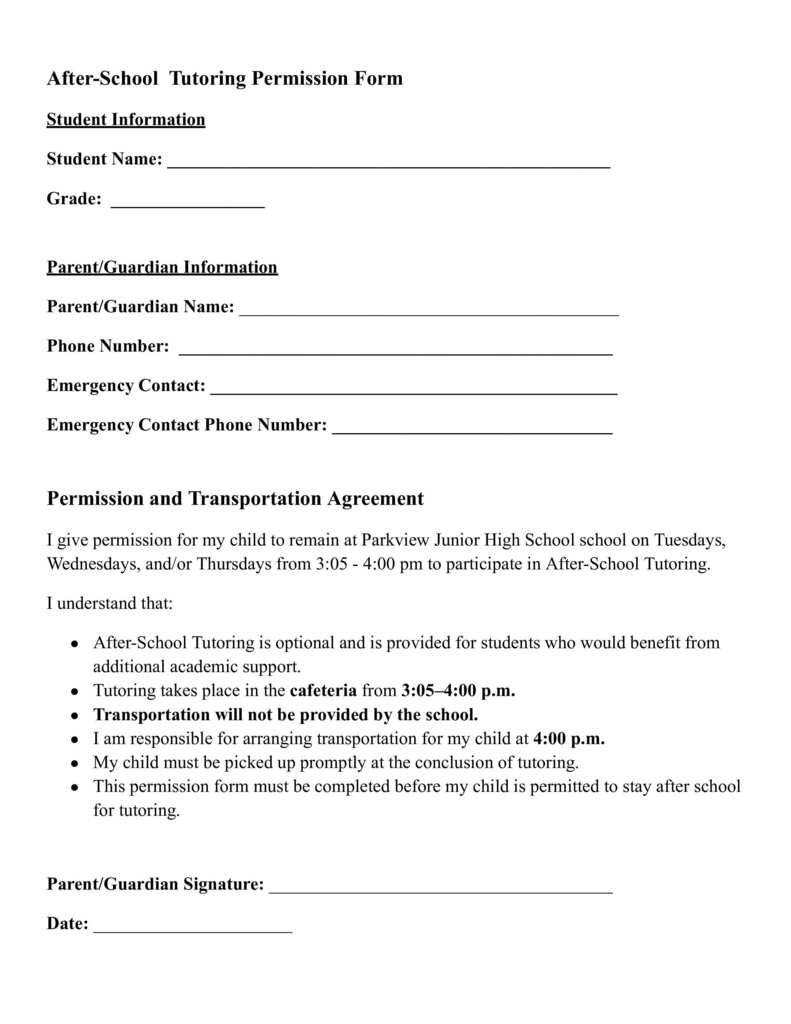 After School Tutoring Permission Slips