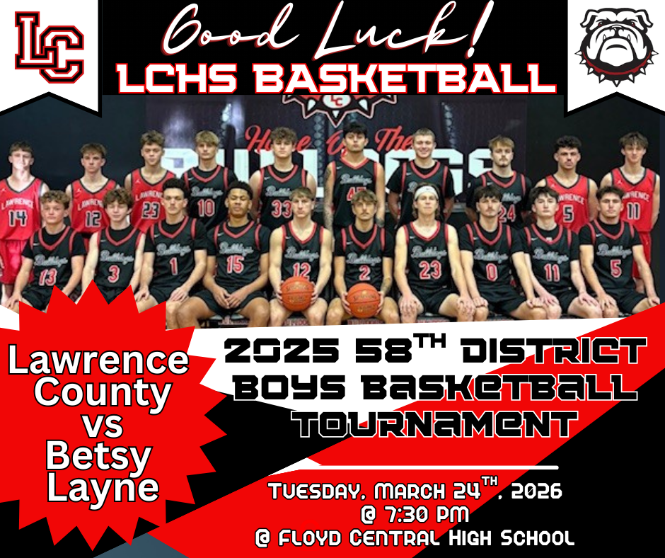 LCHS Basketball vs Betsy Layne at Floyd Central High School on March 24th, with tip-off set for 7:30 PM.