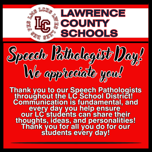 Red and white banner with black text. Centered text reads "Speech Pathologist Day! We appreciate you!"